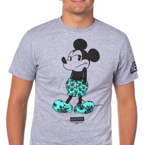 Disney Men’s Grey Tee with Teal Floral Mickey Graphic L